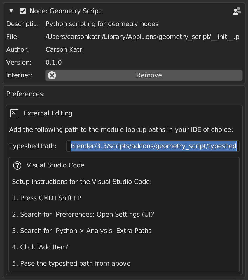 A screenshot of the Geometry Script preferences