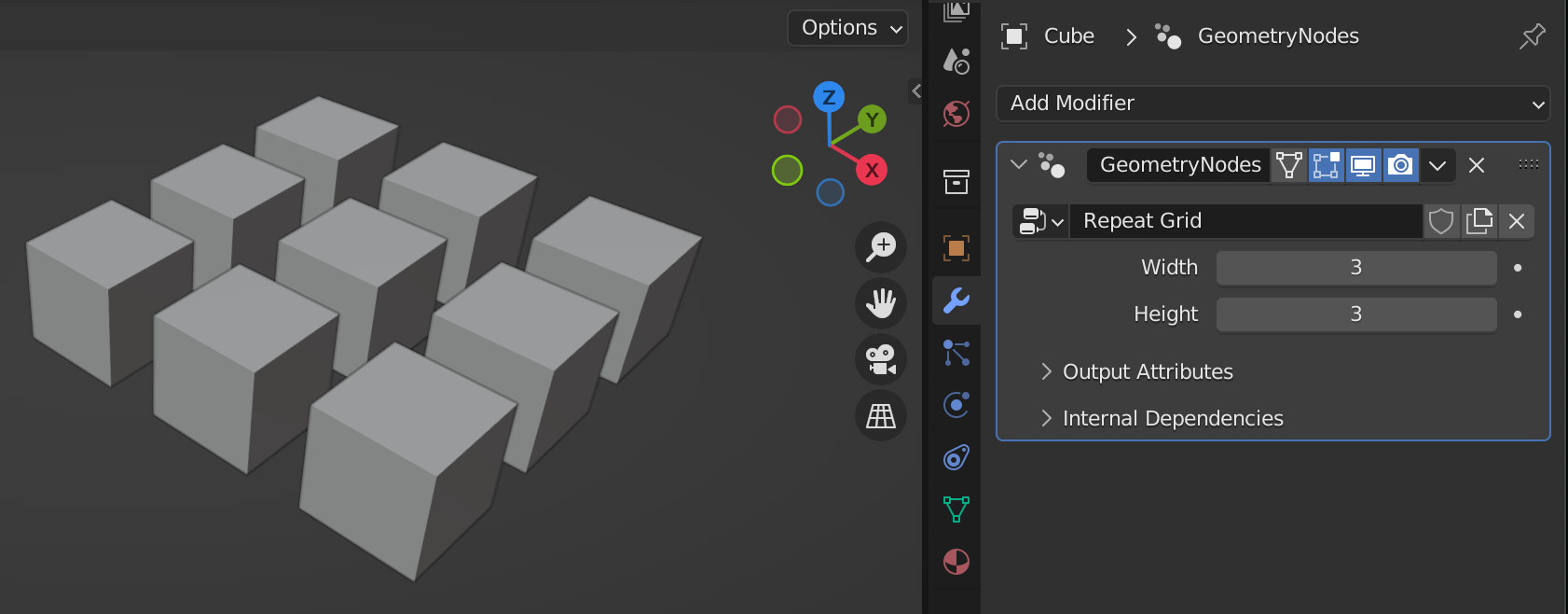 A screenshot of the Blender window with a 3x3 grid of cubes on the left and a Geometry Nodes modifier with the Repeat Grid tree selected on the right