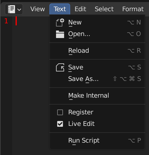 A screenshot of the Text menu with Live Edit checked