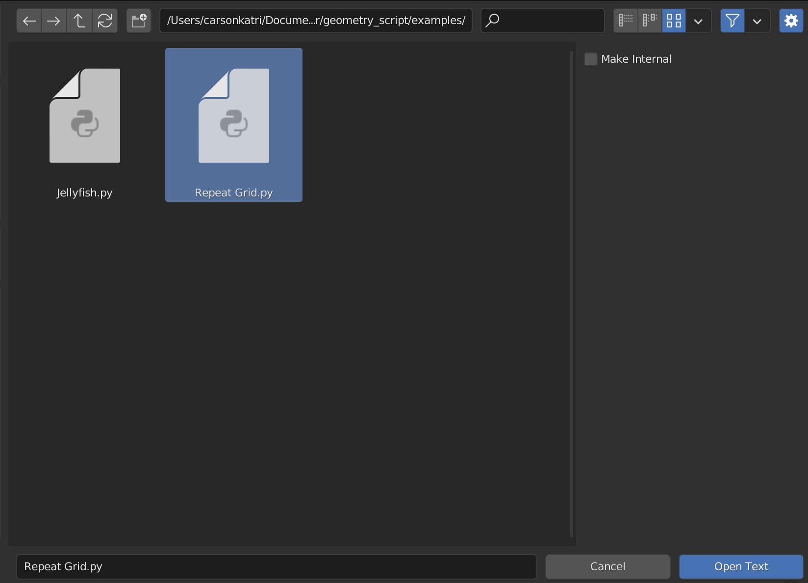 A screenshot of Blender's file picker, with the Make Internal checkbox unchecked.