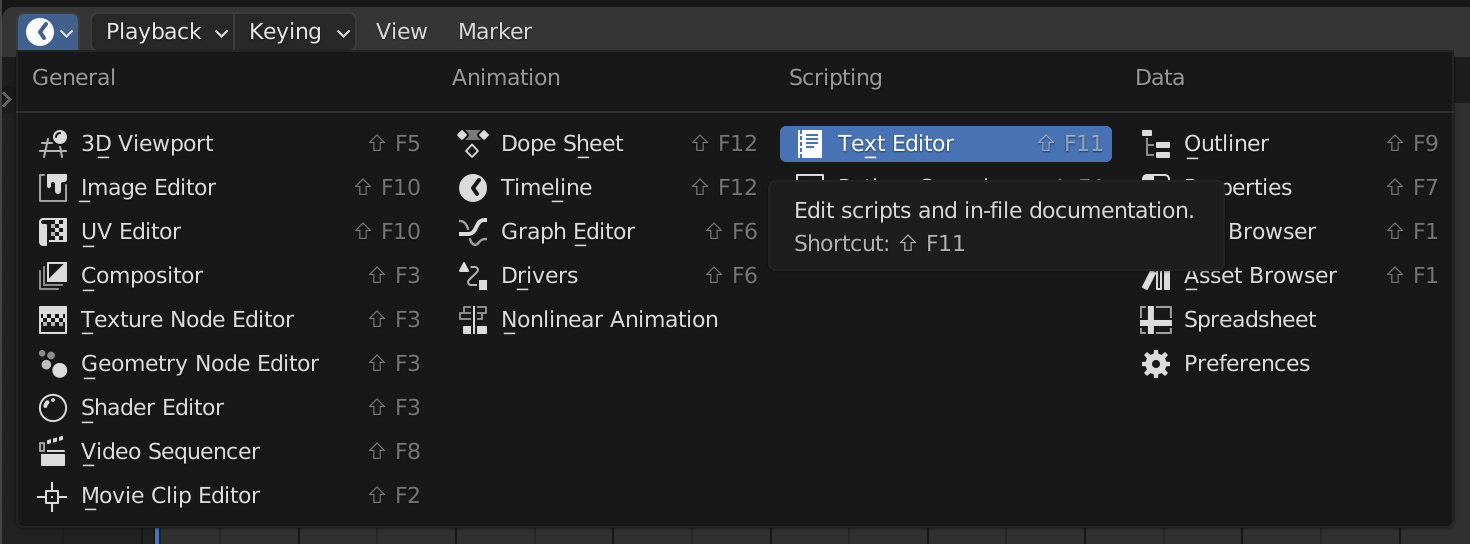 A screenshot of the available spaces, with the Text Editor space highlighted